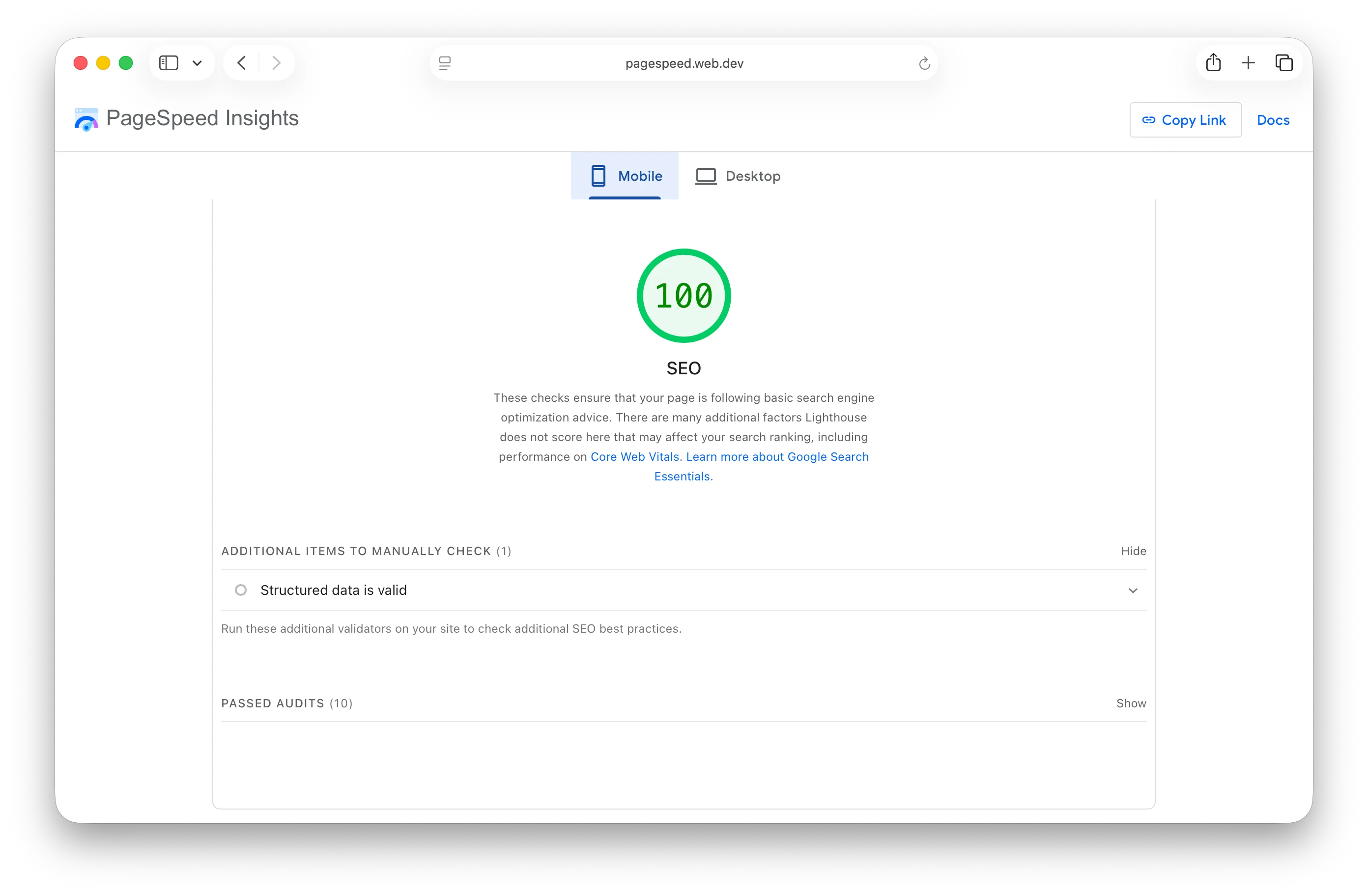 100/100 on Google's SEO metric