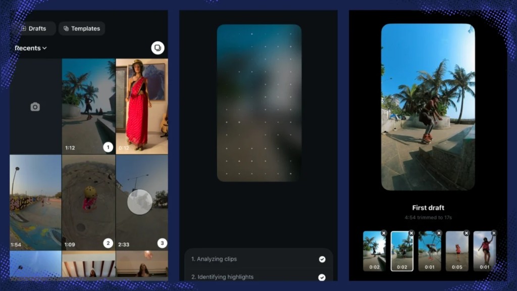 Instagram Reels flow showing clip selection, First Draft analyzing highlights, and a trimmed first draft preview