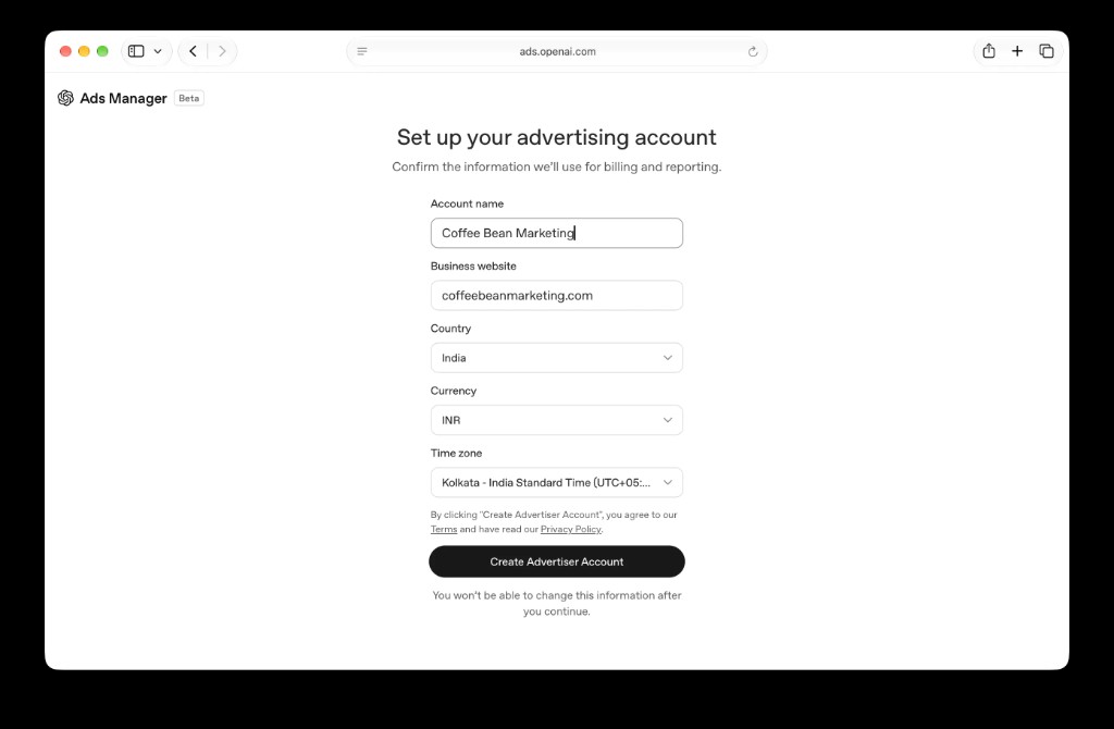 OpenAI Ads Manager set up your advertising account form with Create Advertiser Account button