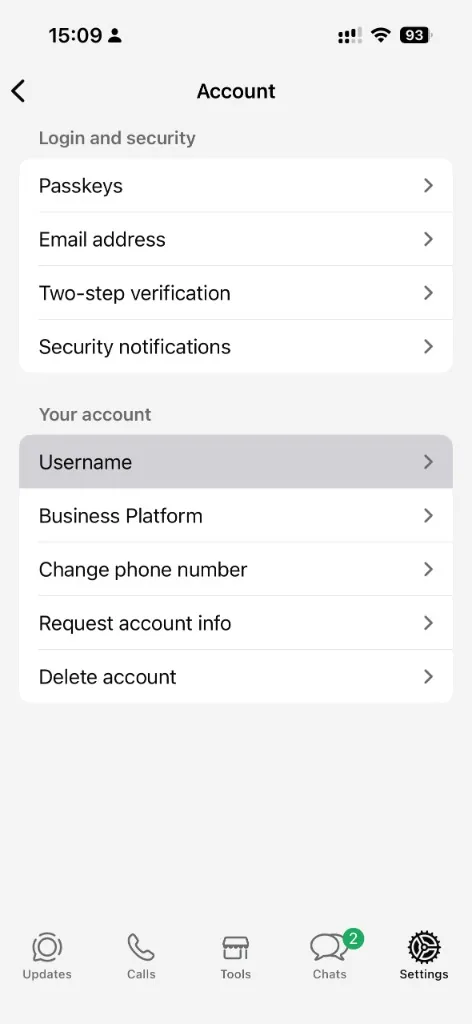 WhatsApp Business Account screen with Username highlighted